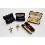 An Edwardian pearl and amethyst pendant, a further (af) example, a  pair of 9ct gold cufflinks,