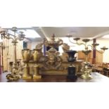 A mixed lot to include gilt gesso surmount, two brass candelabrum, pair of brass urns on plinth