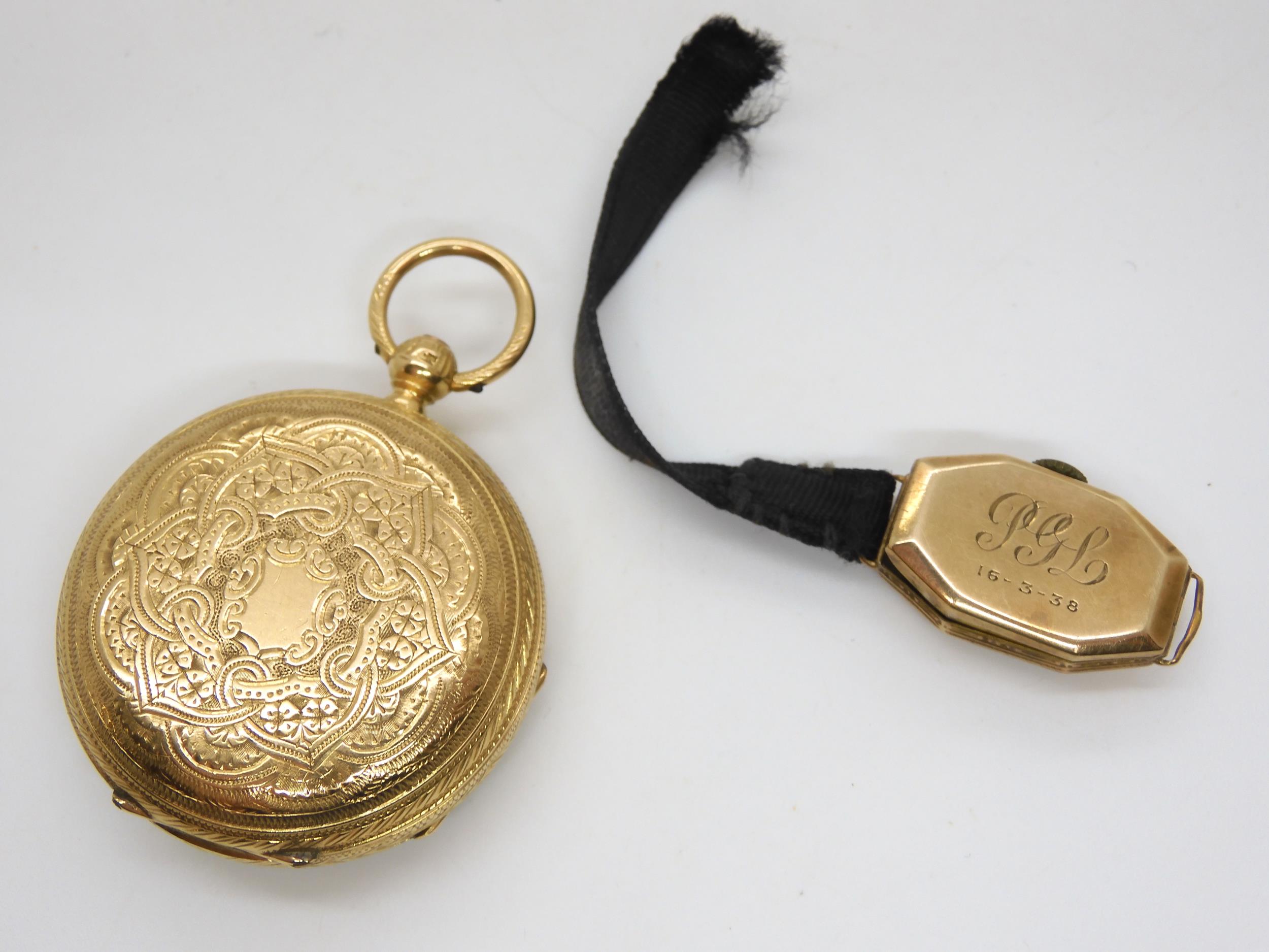 An 18ct gold open face fob watch with decorative gold dial, weight including mechanism 50.1gms, - Image 2 of 6