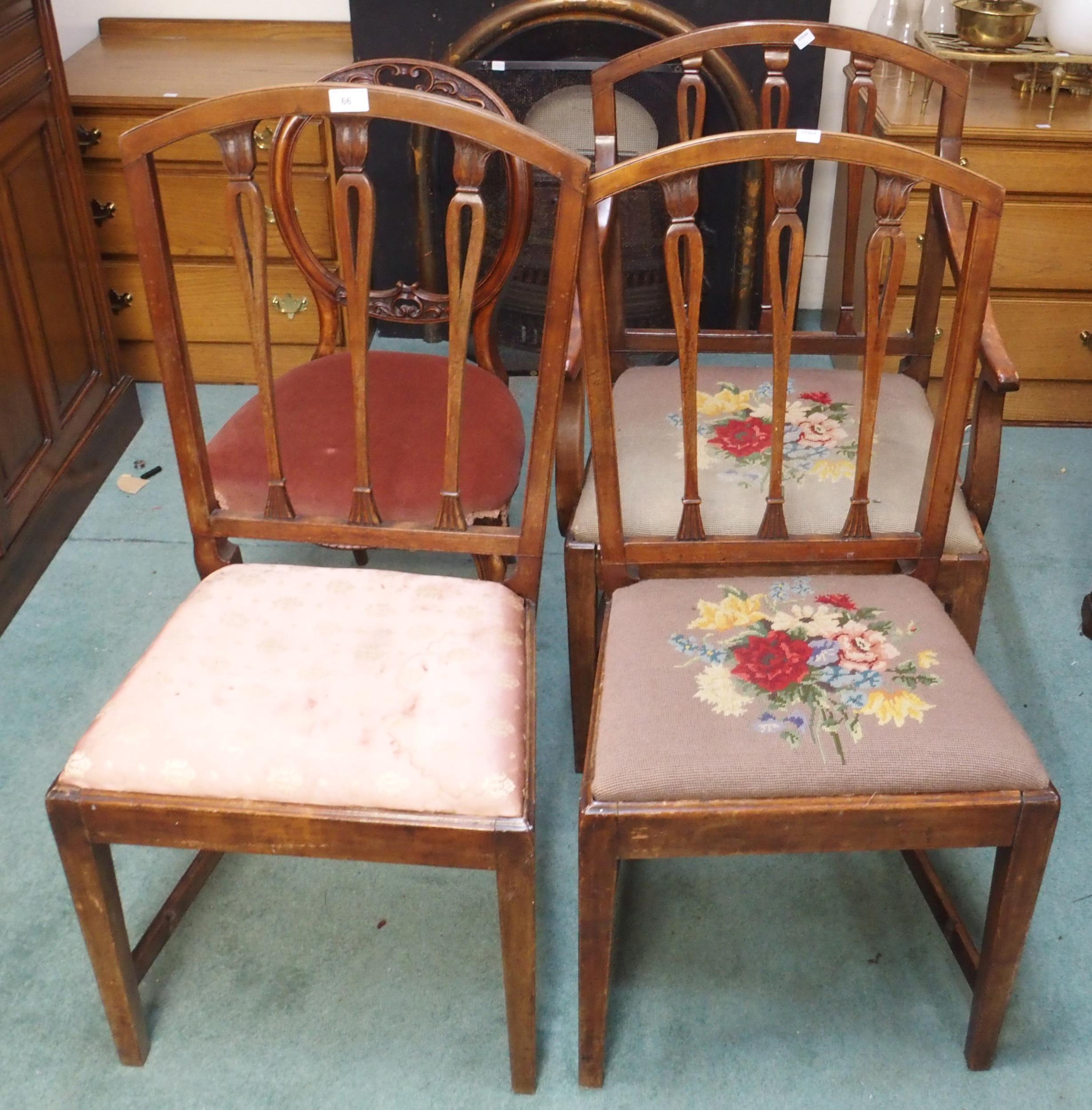 A lot of three 19th century mahogany dining chairs, Victorian balloon back chair and a floral - Image 2 of 3