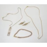 A collection of 9ct to include a Mackintosh style pendant on chain, length 46cm, a further chain