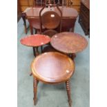 A Victorian circular stool on turned stretchered supports, mahogany trolley, three tier folding cake