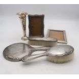 A collection of silver including a three piece dressing table set, Birmingham, a rectangular