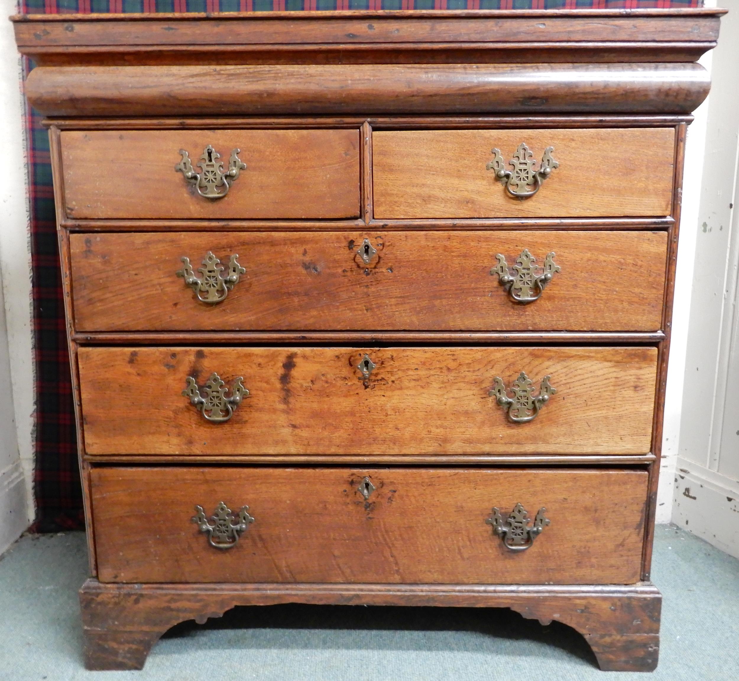 An 18th century ash two short over three long chest of drawers with additional frieze drawer to