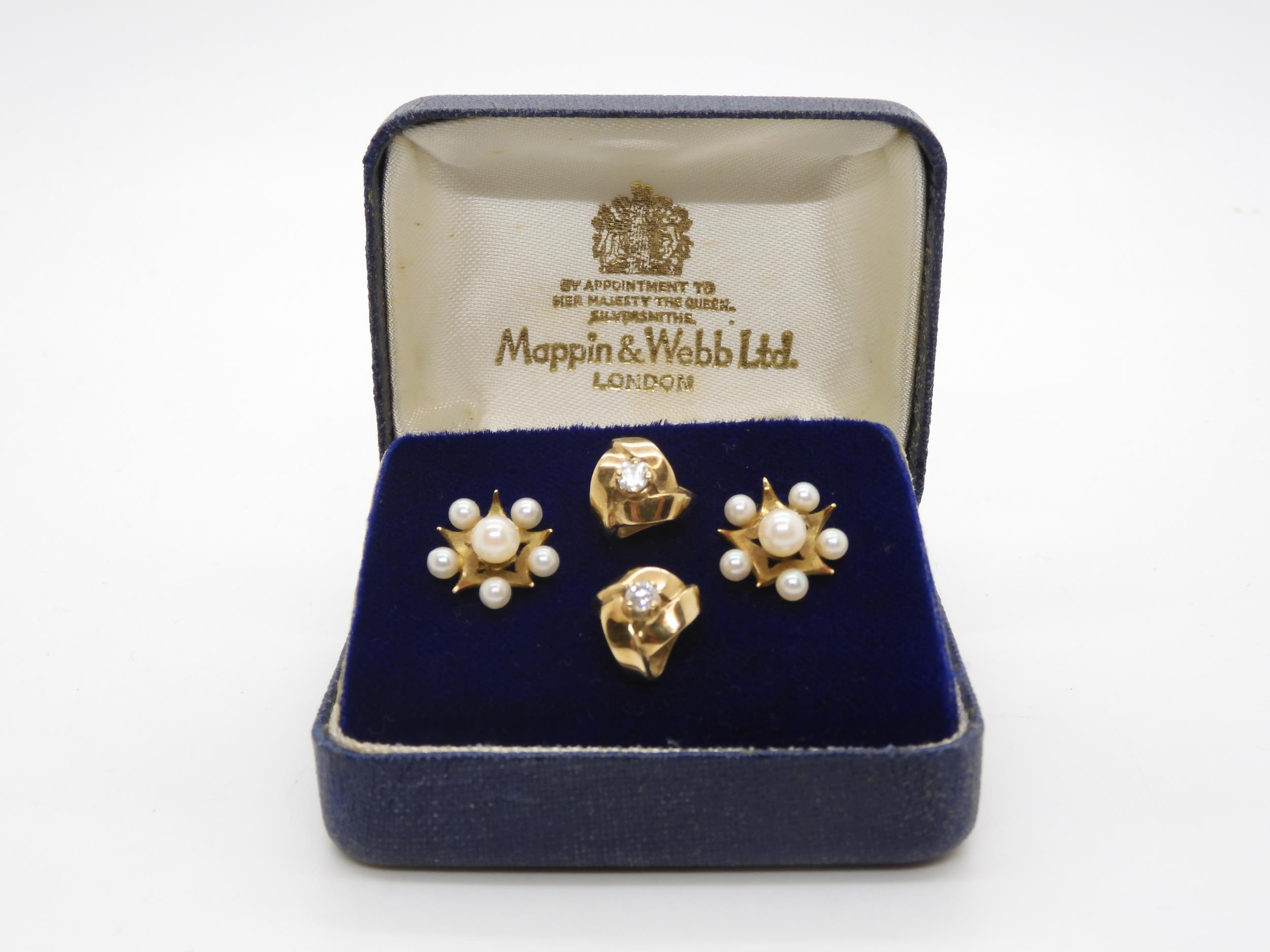 Two pairs of retro earrings, a pair of 9ct gold pearl set earrings with full 9ct hallmark and a