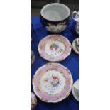 A pair of hand painted dessert plates, together with a Crescent China jardinière Condition Report: