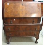 An early 20th century walnut veneered fall front writing bureau, 100cm high x 79cm wide x 45cm