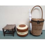 A 20th century basket woven shopping trolley, leather upholstered poof and a strung footstool (3)