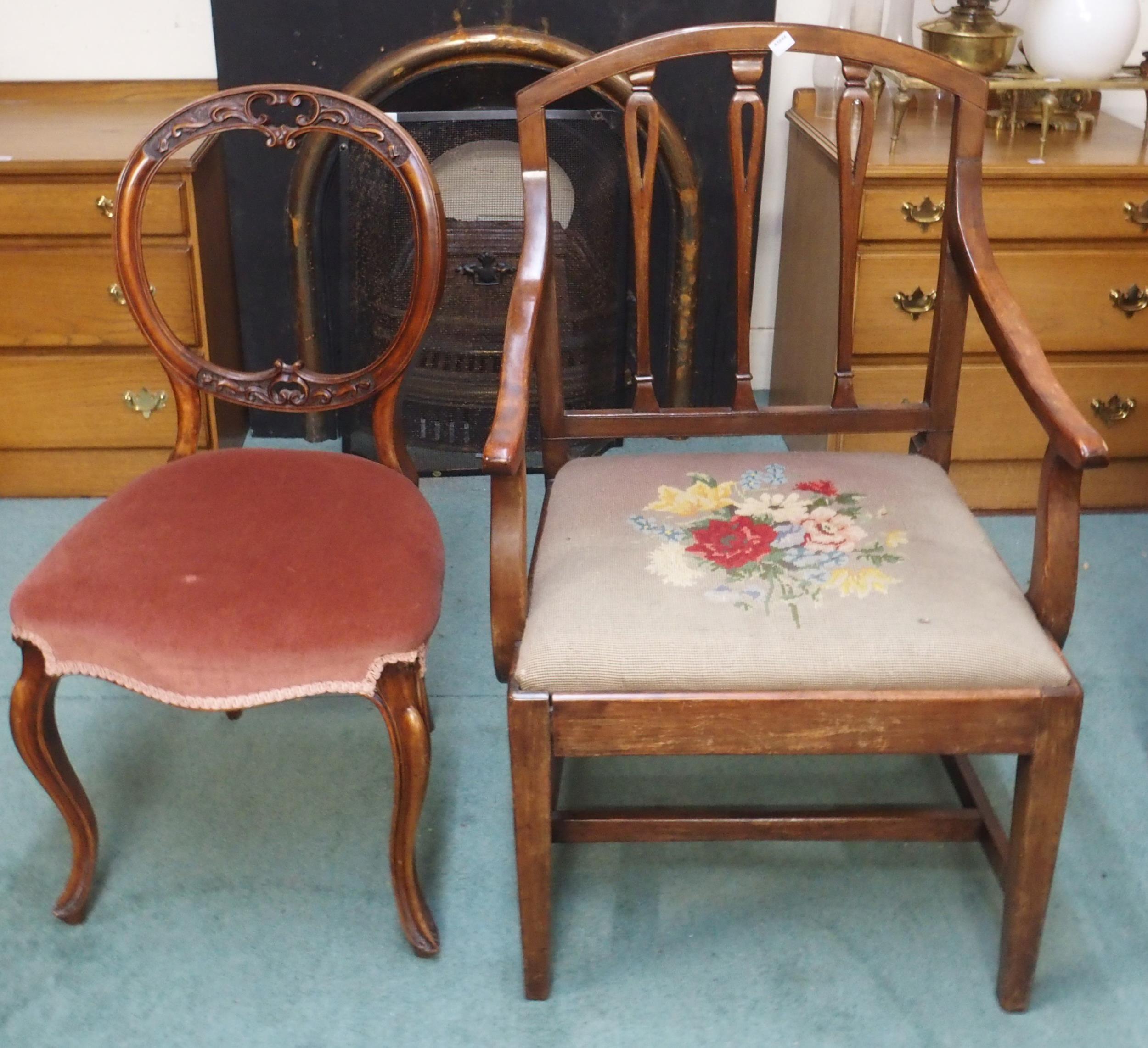 A lot of three 19th century mahogany dining chairs, Victorian balloon back chair and a floral - Image 3 of 3