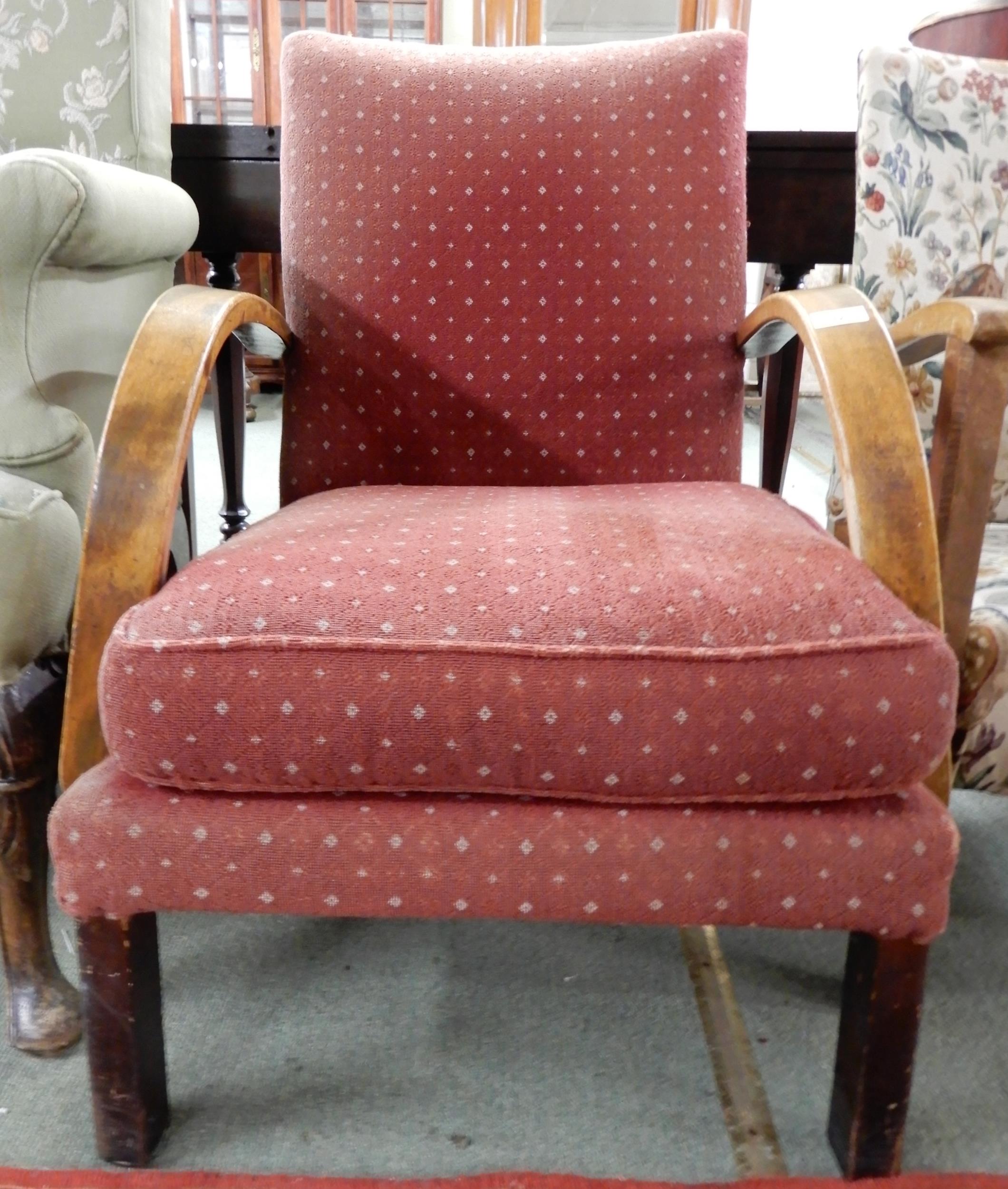 An early 20th century art deco style armchair with bowed arms over square supports, 87cm high x 62cm - Image 4 of 6