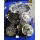 A collection of EPNS including swing handled baskets, a bottle coaster, teapot, a cut glass EPNS pot