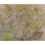 EILEEN SCOTT (SCOTTISH)  STILL LIFE IN YELLOW WITH ARTICHOKES  Mixed media, indistinctly signed