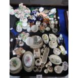 A collection of miniature cabinet ornaments including trinket pots, toy dinner service, Fukagawa