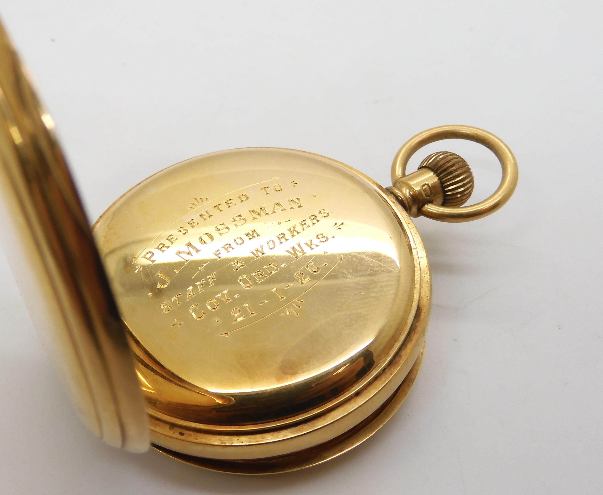 An 18ct gold Elgin full hunter pocket watch, inscribed to dust cover, Chester hallmarks for 1919, - Image 3 of 5