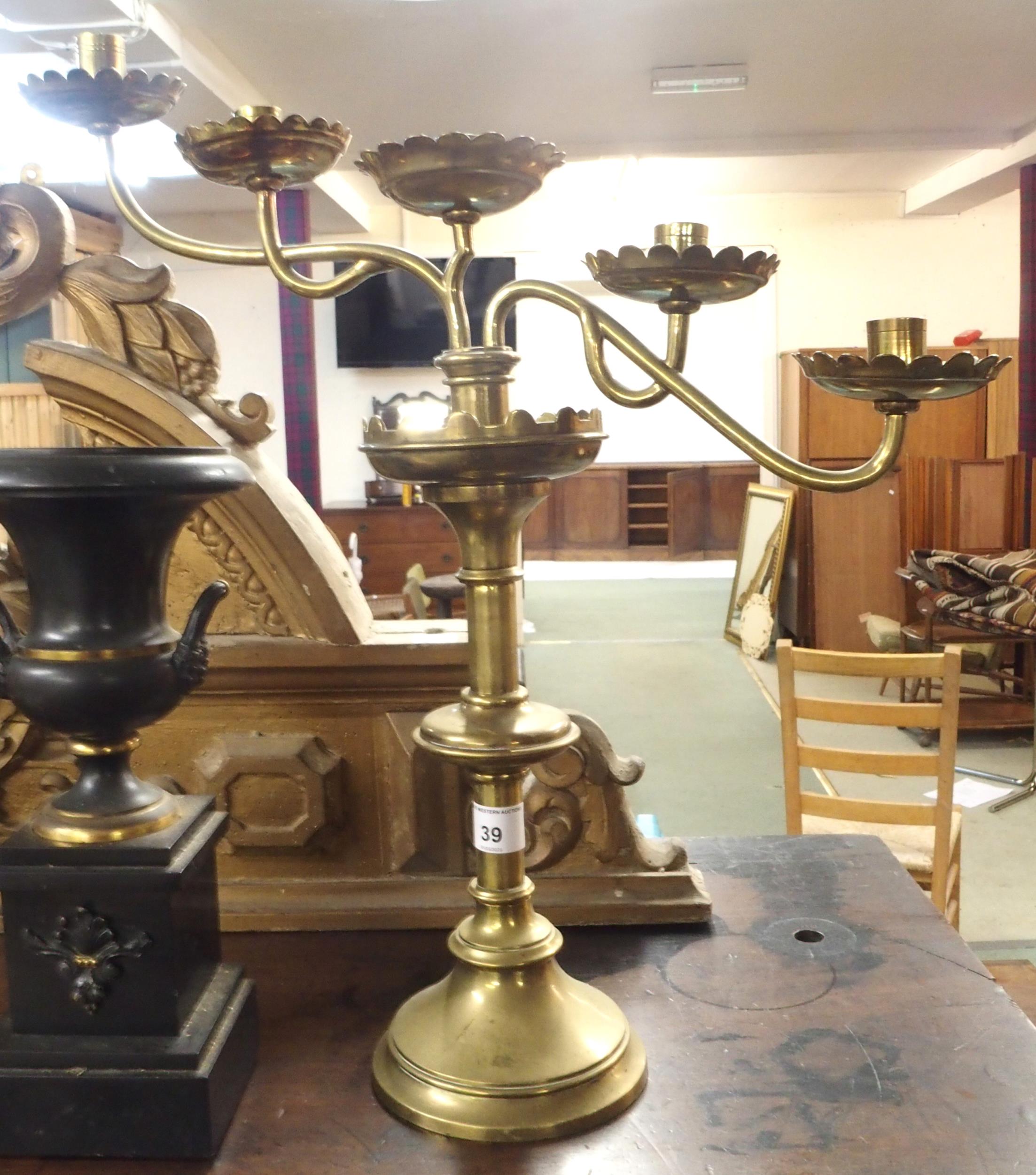 A mixed lot to include gilt gesso surmount, two brass candelabrum, pair of brass urns on plinth - Image 3 of 9