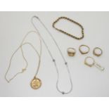 A collection of 9ct items to include a white gold knot pattern necklace length 42cm, rope chain