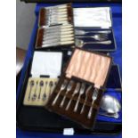 A collection of cased sets of cutlery including fish servers, oyster forks, fish knives and forks,
