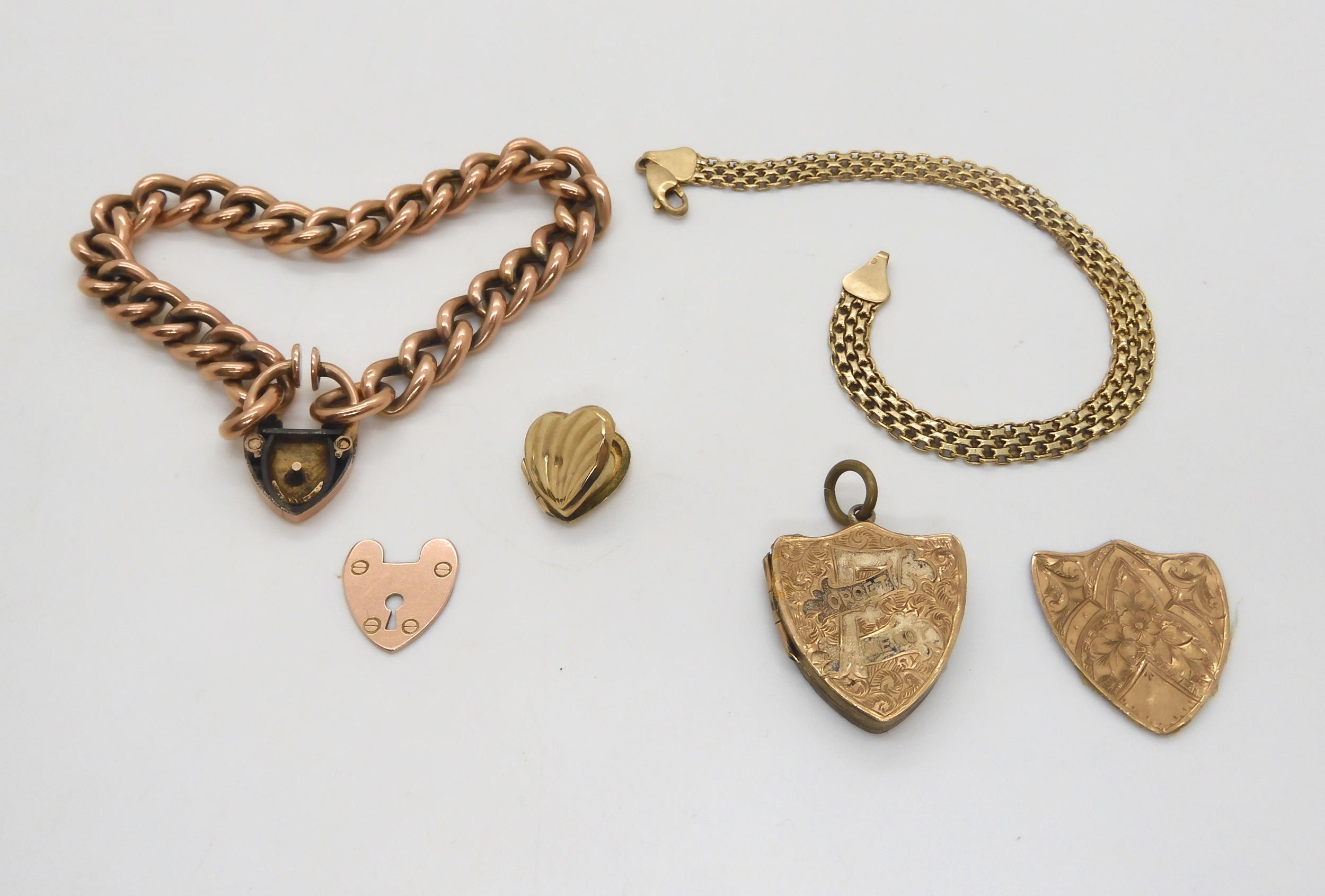 A 9ct rose gold bracelet, a further 9ct bracelet a 9ct locket and an early back & front locket,