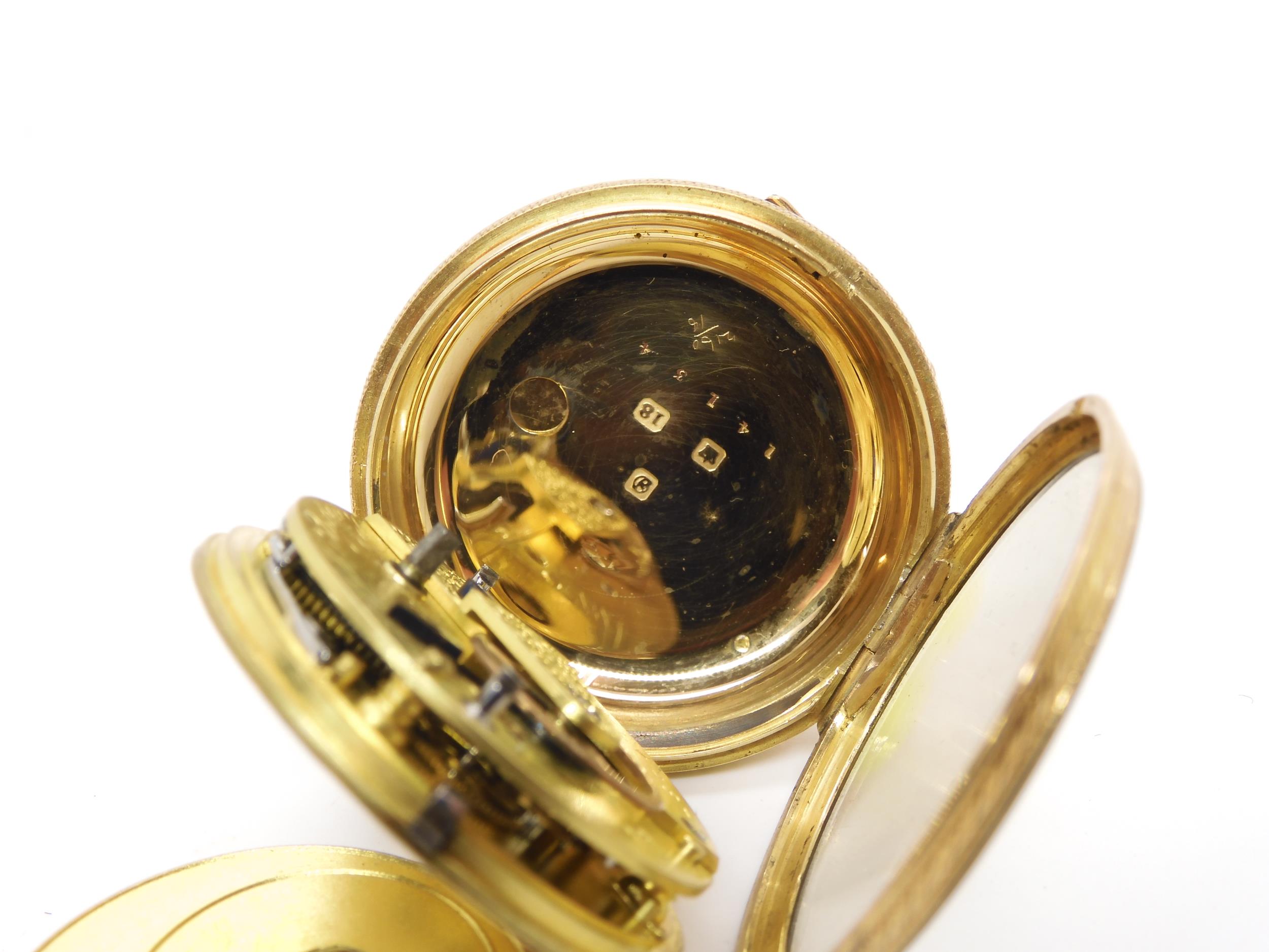 An 18ct gold open face fob watch with decorative gold dial, weight including mechanism 50.1gms, - Image 3 of 6