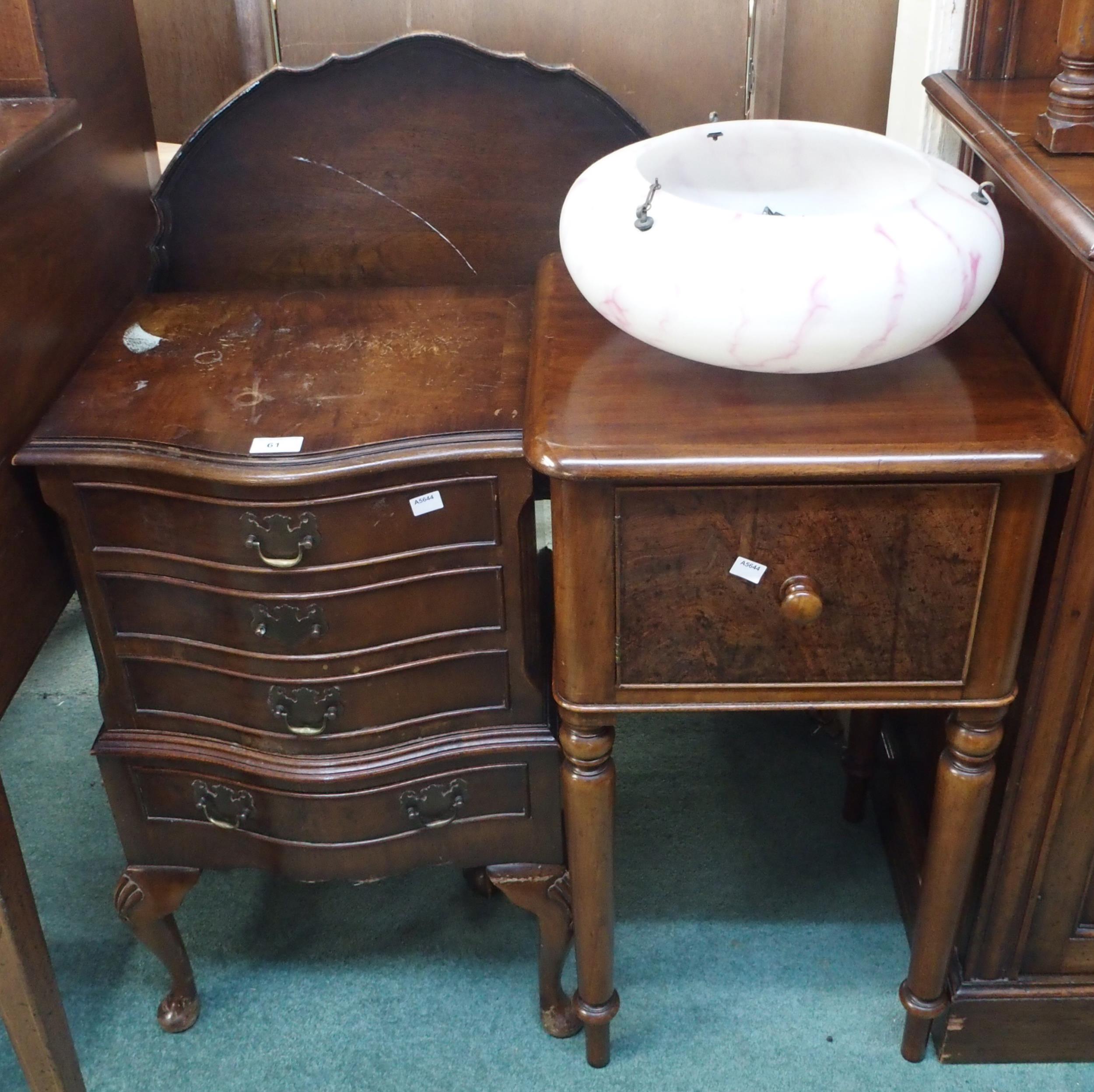 A 20th century mahogany miniature chest on stand, mahogany bedside cabinet, tilt top tripod