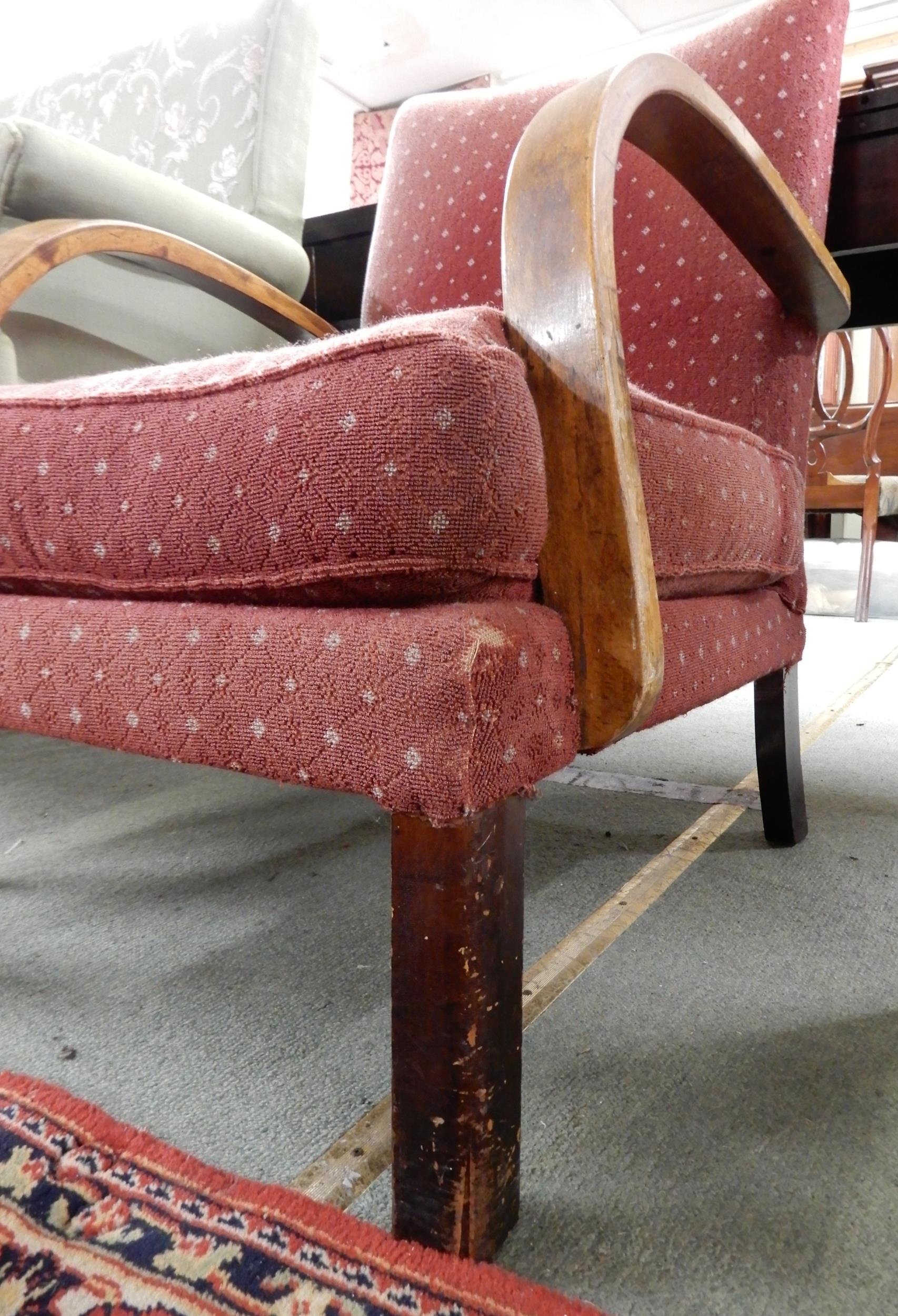 An early 20th century art deco style armchair with bowed arms over square supports, 87cm high x 62cm - Image 5 of 6