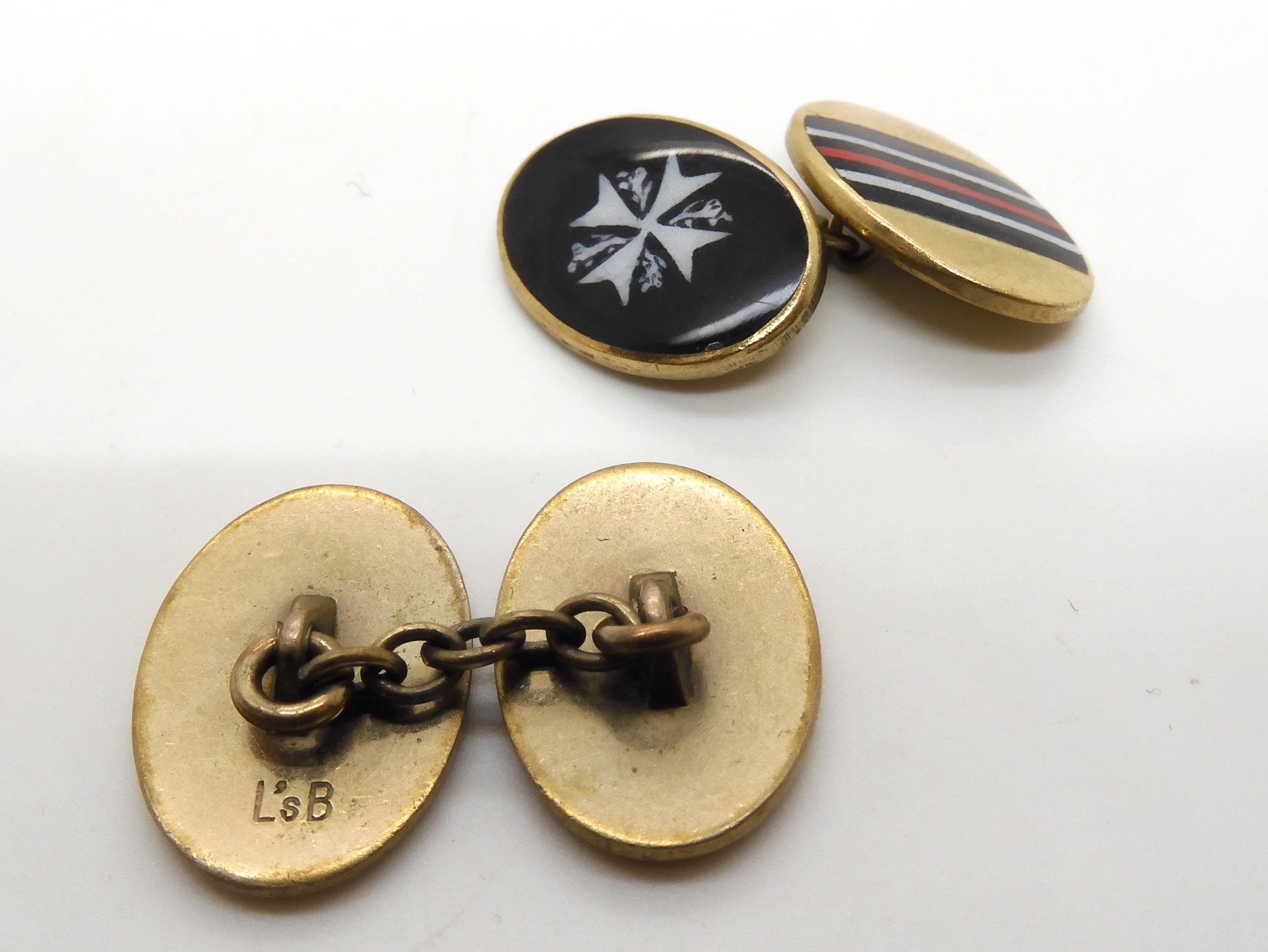 A pair of 9ct gold dumbbell shaped cufflinks, weight 4.1gms, a gold plated Golden Jubilee badge - Image 5 of 7