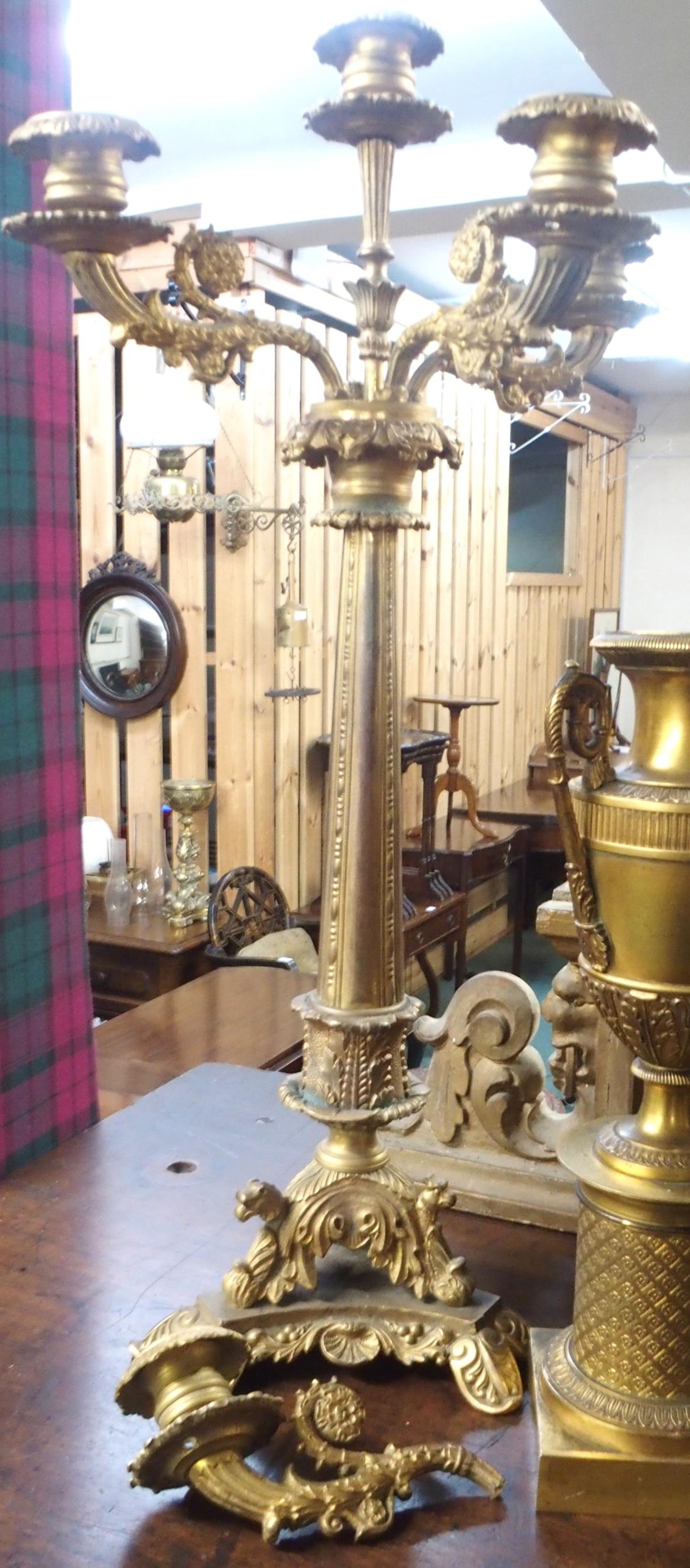 A mixed lot to include gilt gesso surmount, two brass candelabrum, pair of brass urns on plinth - Image 6 of 9