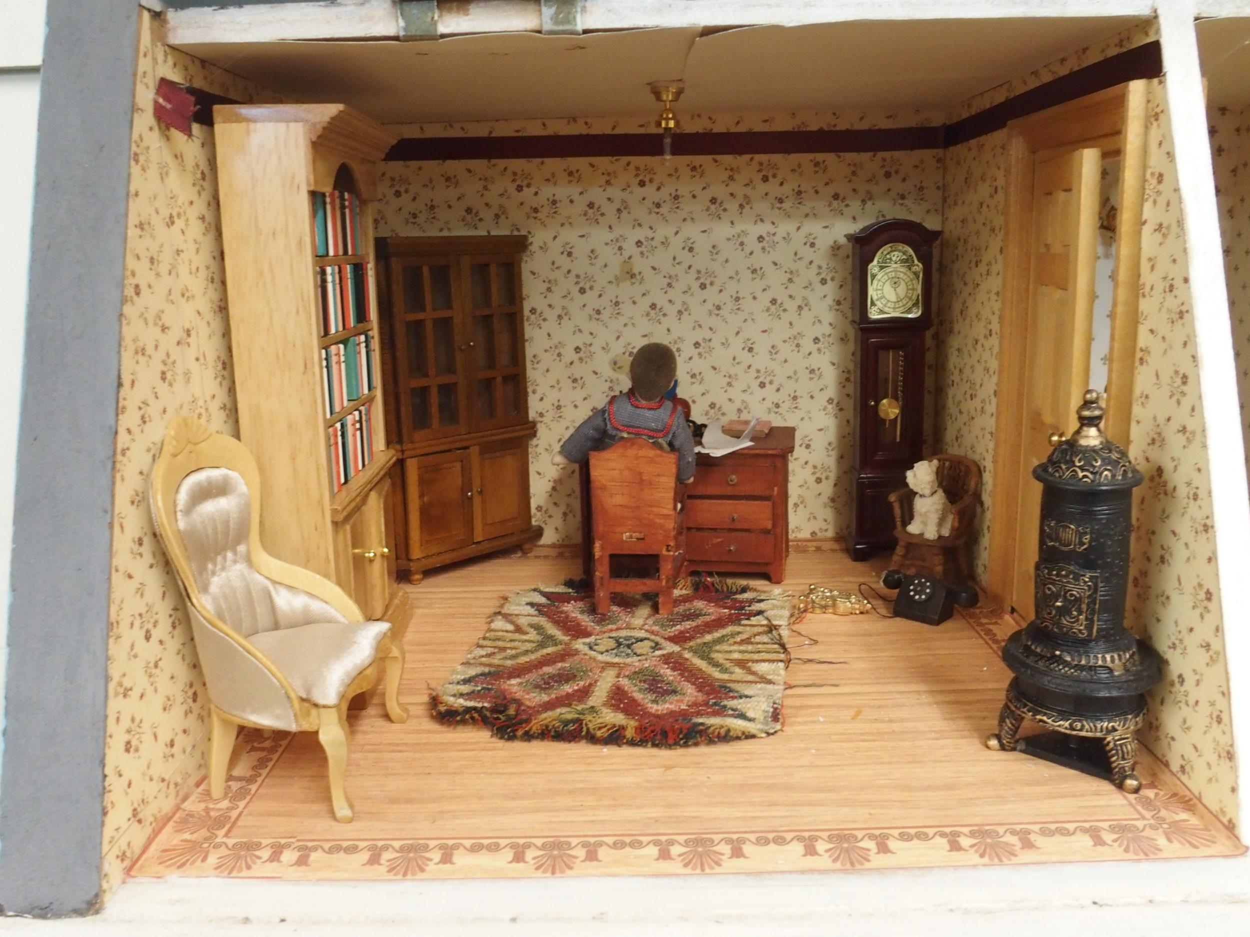 A 20th century three storey dolls house with assorted furniture and figures etc, 84cm high x 80cm - Image 4 of 13