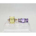 A 9ct gold lemon quartz and diamond accent ring, size O1/2, weight 4gms, together with a silver