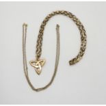 A 9ct gold Celtic knot pendant on a 9ct fancy chain, length 54cm, together with a 9ct belcher chain,