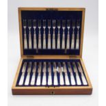 A cased canteen of EPNS and mother of pearl fish knives and forks, the knives and collars with