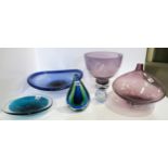 A collection of mid 20th century art glass including a Holmegaard blue glass dish, a pale blue bud