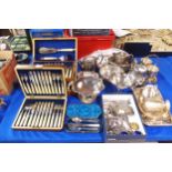 A large collection of EPNS including cased fish knives and forks, tazzas, loose cutlery, hotelware