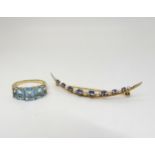 A 14k gold natural pearl and blue gem crescent moon brooch, weight 2.8gms, together with a 10k