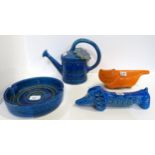 An orange glazed Baldelli cat together with three pieces of Bitossi including a Rimini blue