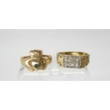 A 9ct gold Claddagh set with an emerald, size R1/2, together with a 9ct gold gents diamond set Greek