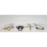 Four 9ct gold gem set rings to include mystic topaz P1/2, emerald Q, citrine and diamond accent size