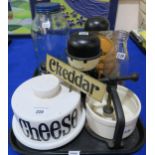 TG Green Spectrum Cheddar Cheese display dish and cover, a glass Horlicks jar, a Mason Cash press,
