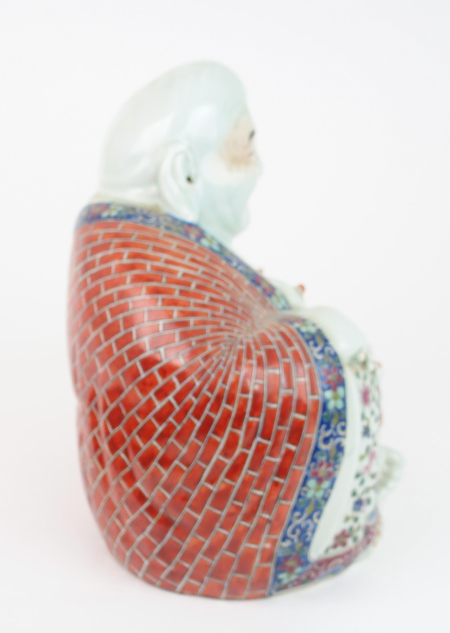 A CHINESE MODEL OF BUDDHA  seated with rosary beads and patterned costume, on a wooden stand, - Image 4 of 9