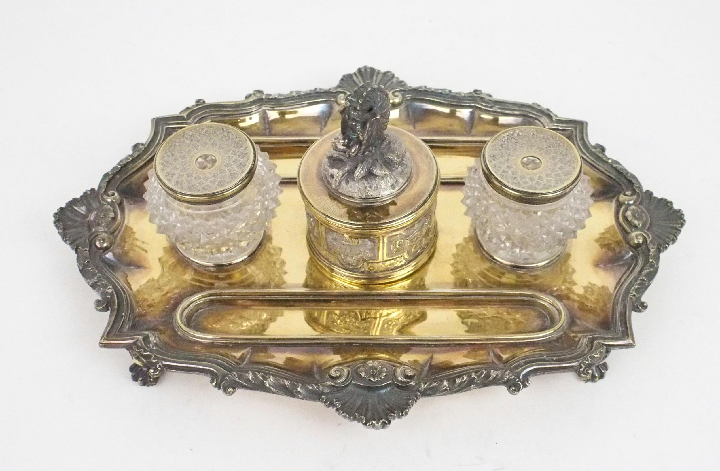 A GEORGE IV SILVER GILT INKSTAND by Richard Sibley, London 1827, of oblong lobed form, with a cast - Image 2 of 8