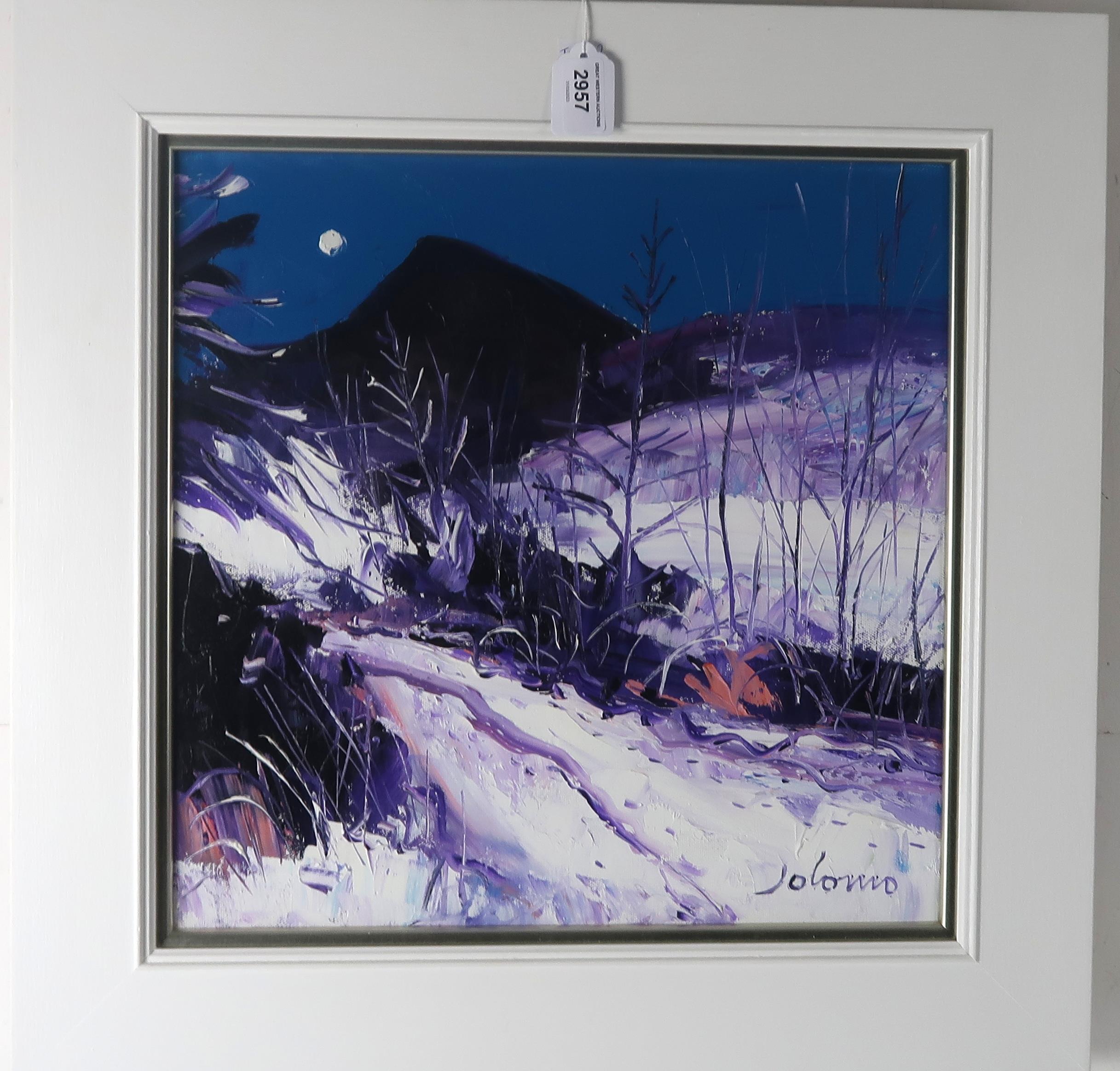 JOHN LOWRIE MORRISON (SCOTTISH b.1948) WINTER MOONLIGHT Oil on canvas, signed 'JOLOMO' lower - Image 2 of 5