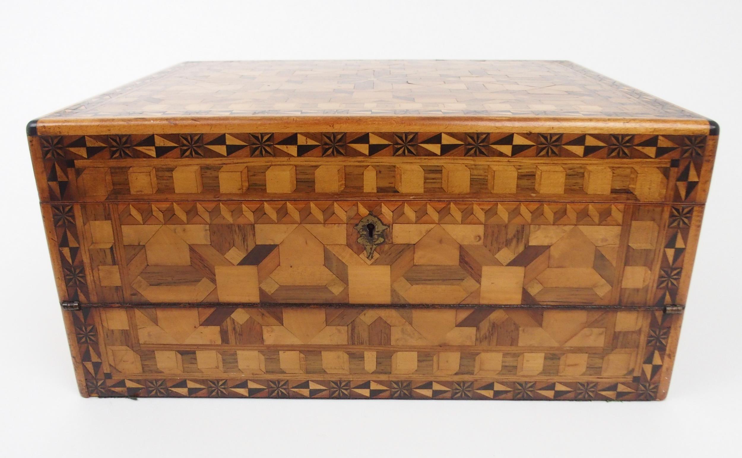 AN INTRICATE PARQUETRY-INLAID SPECIMEN WOOD WRITING SLOPE BY JOHN WALLACE OF GLASGOW With an - Image 2 of 10