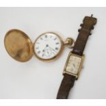 A GOLD POCKET WATCH AND VINTAGE WRISTWATCH A 9ct gold full hunter Waltham pocket watch, with white