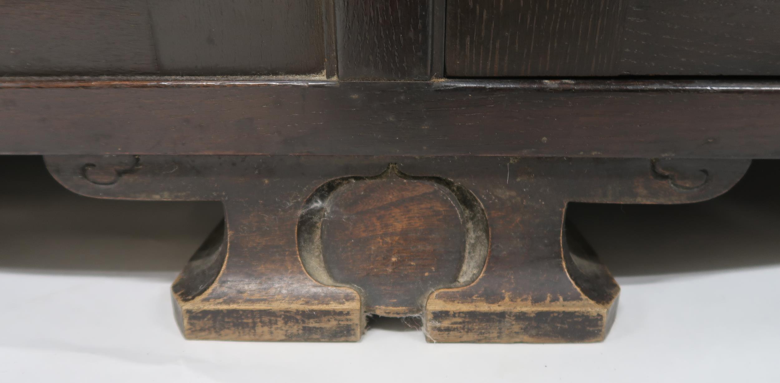 AN ARTS AND CRAFTS OAK AND BURR WALNUT COFFER the three section hinged top carved with foxes and - Image 12 of 16