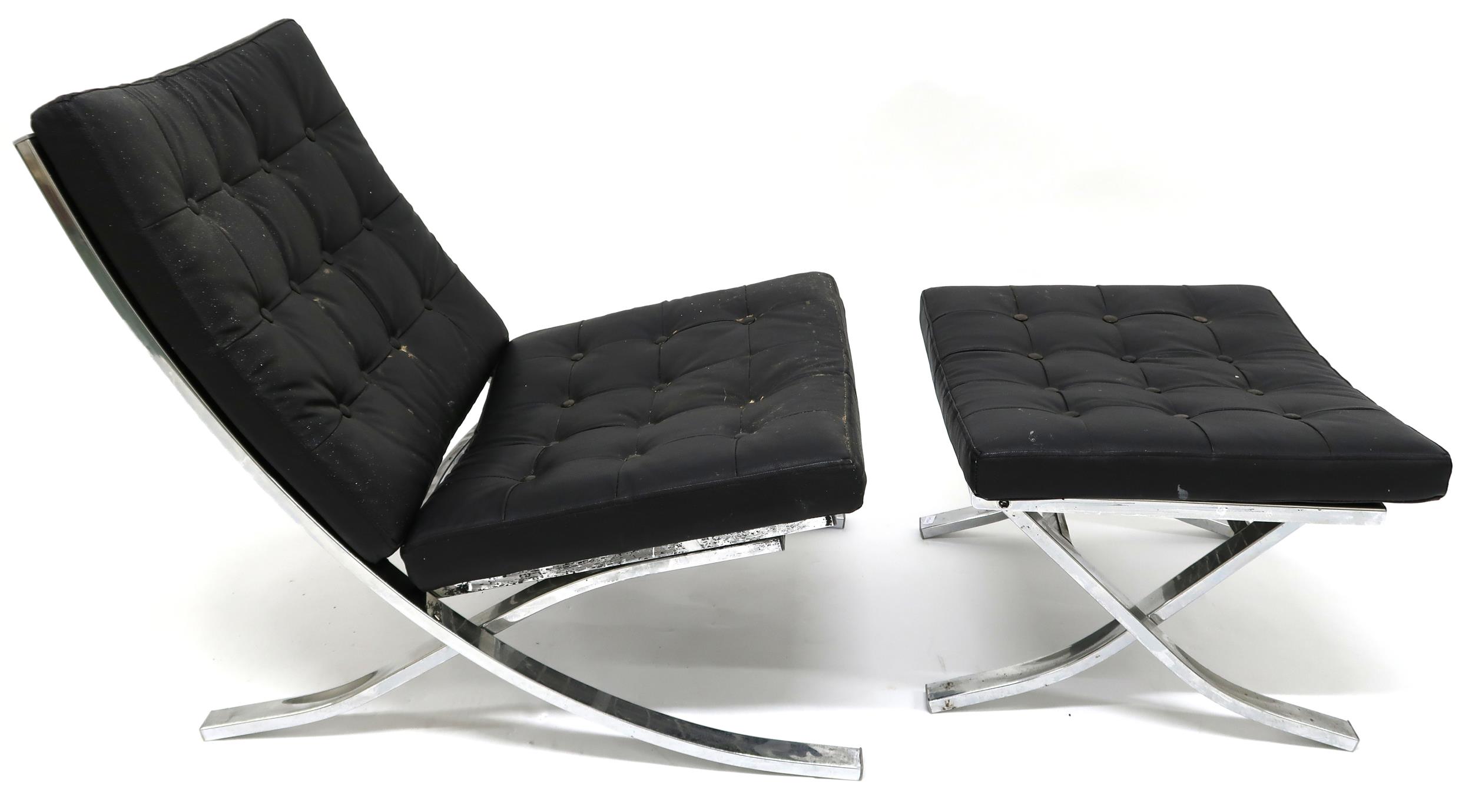 A 20TH CENTURY AFTER LUDWIG MIES VAN DER ROHE "BARCELONA" CHAIR AND STOOL both with black leather