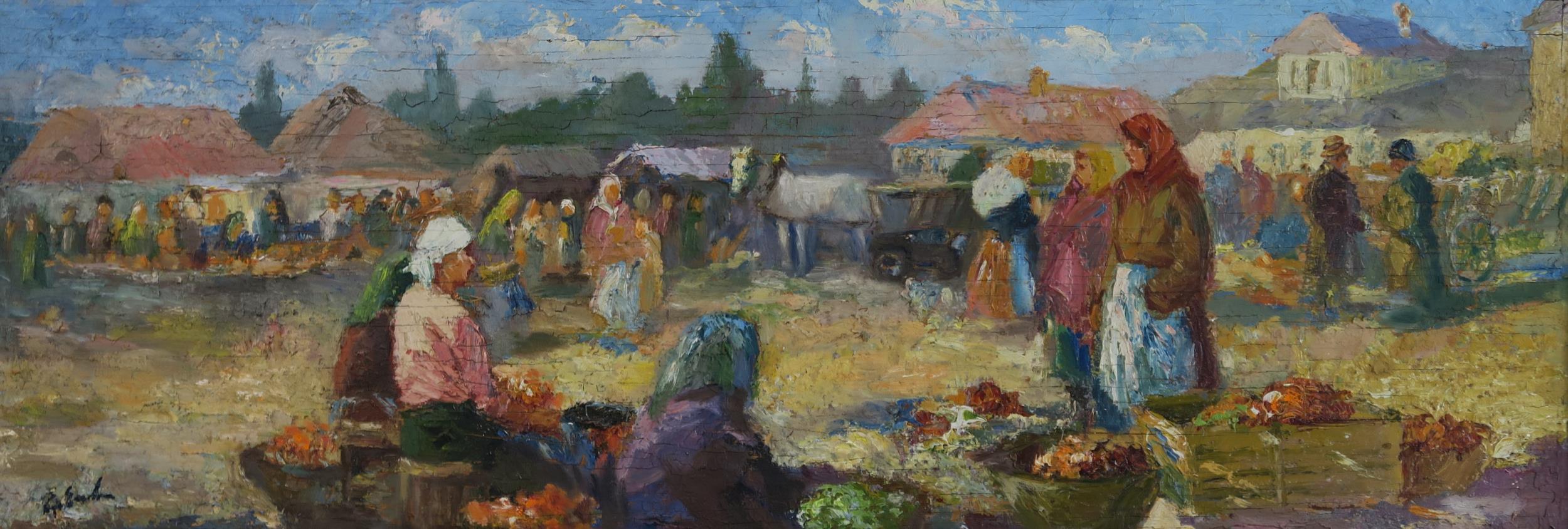 E* E* THE MARKET  Oil on panel, signed indistinctly lower left, 24 x 70cm (9.5 x 27.5") Condition