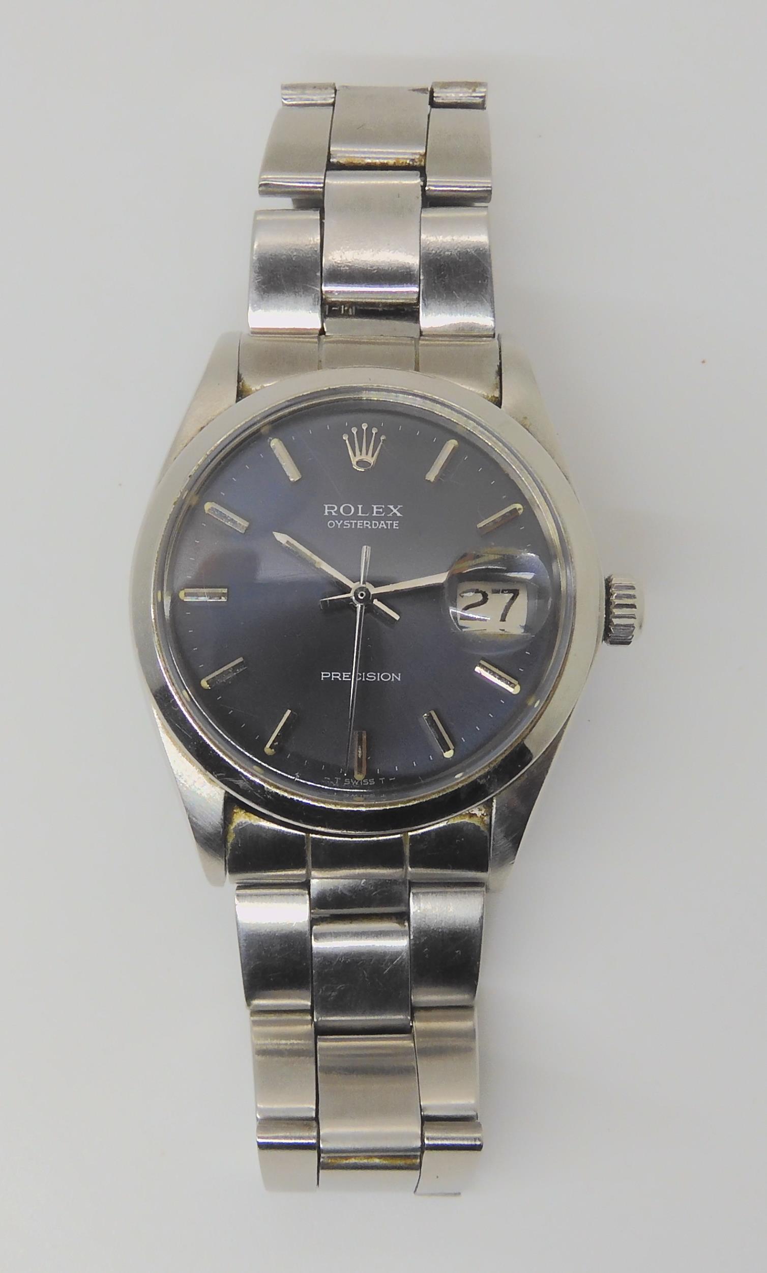 A ROLEX OYSTERDATE PRECISION with dark grey satined dial, silver coloured baton numerals, hands, and - Image 13 of 14