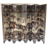 AN EARLY 20TH CENTURY CHINESE LACQUERED EIGHT PANEL DRAUGHT SCREEN extensively inlaid to both