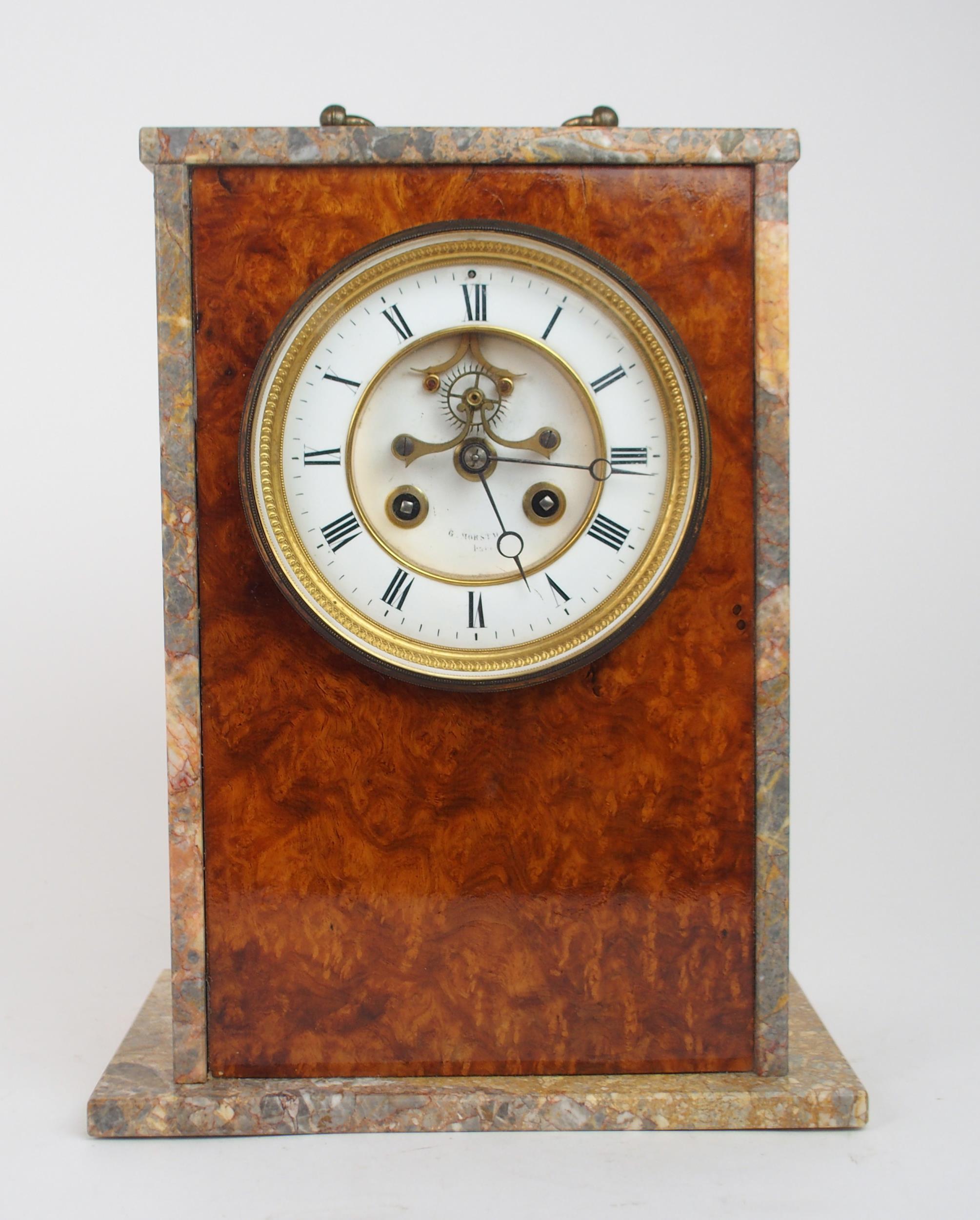 AN UNUSUAL MARBLE AND BURR WALNUT CLOCK the white dial with roman numerals, the movement stamped