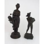 A BRONZE FIGURE OF CUPID AND PSYCHE 42cm high together with a spelter figure of a boy carrying an